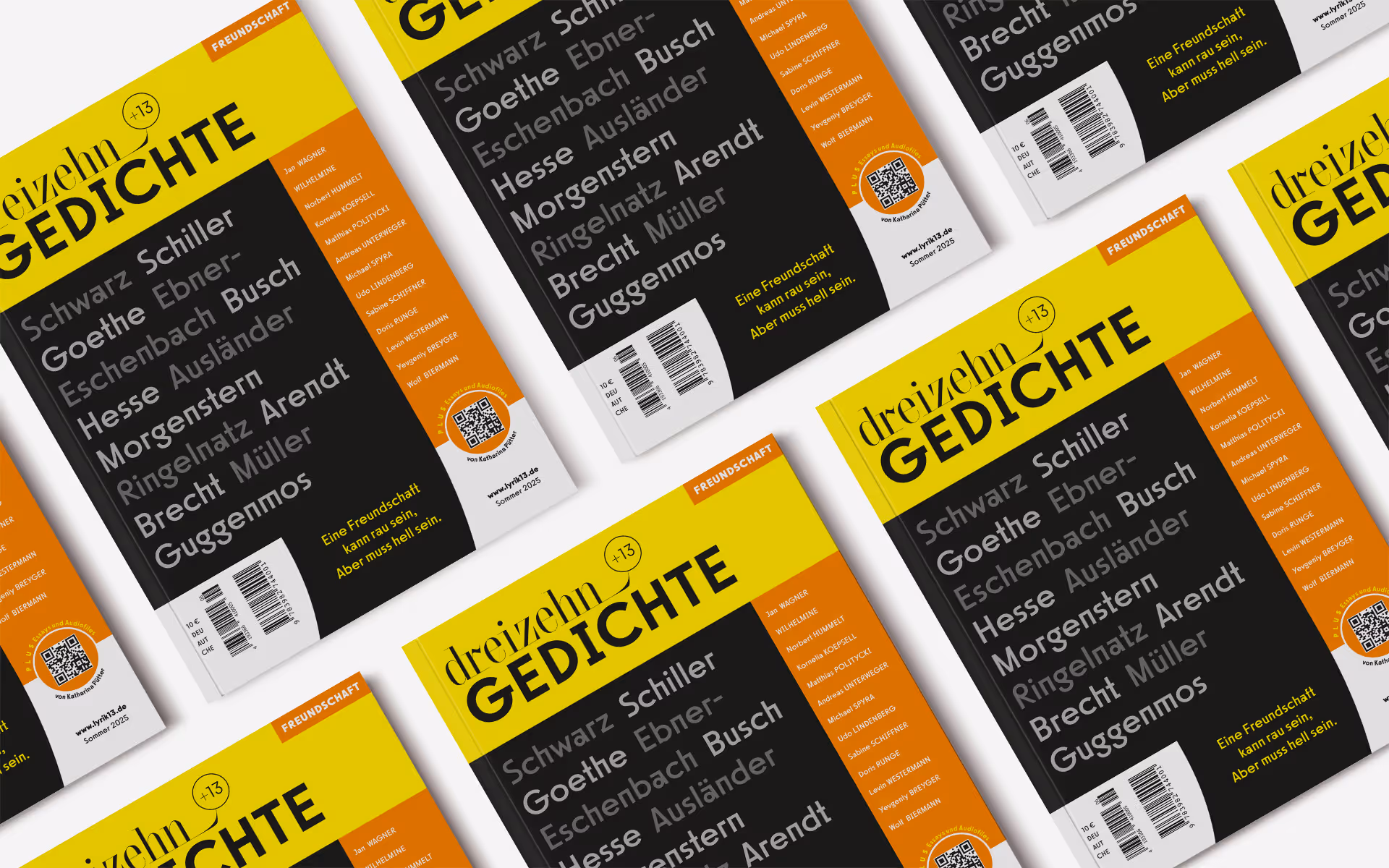 Mehrfachansicht des Magazins ‚dreizehn +13 GEDICHTE – FREUNDSCHAFT‘ mit gelb-schwarzem Cover, Namensliste berühmter Dichter:innen und QR-Code auf der Titelseite.