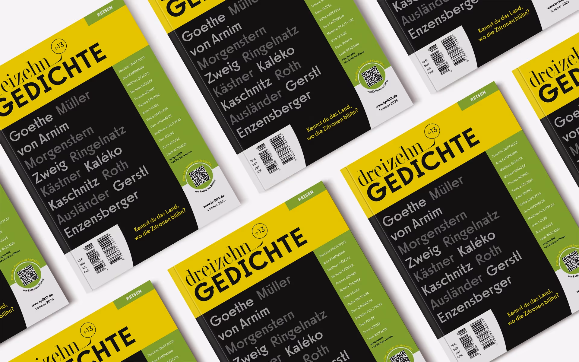 Mehrere Exemplare eines Buchumschlags mit dem Titel „dreizehn GEDICHTE“, der in Gelb und Schwarz gestaltet ist und Dichter wie Goethe und Enzensberger auflistet.