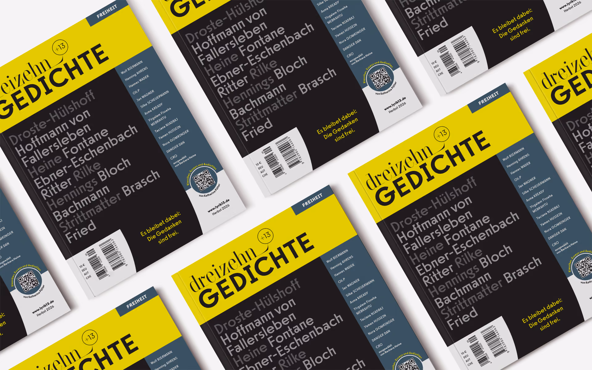 Mehrere Exemplare des Magazins „dreizehn+13 Gedichte“, Band 9 „Freiheit“, versetzt nebeneinander: gelber Titelbalken auf schwarzem Cover mit blaugrauer Seitenleiste.