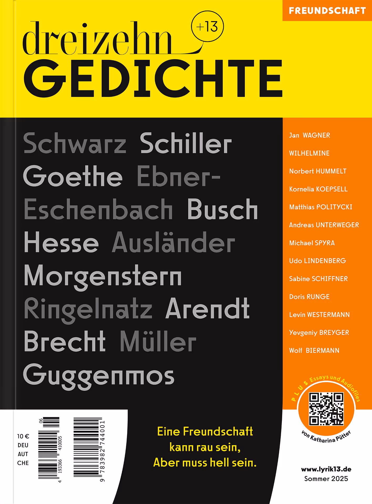 Magazin-Cover ‚dreizehn +13 GEDICHTE – FREUNDSCHAFT‘ mit den Namen klassischer und zeitgenössischer Dichter:innen, gelb-schwarzem Design und dem Zitat: ‚Eine Freundschaft kann rau sein, aber muss hell sein.