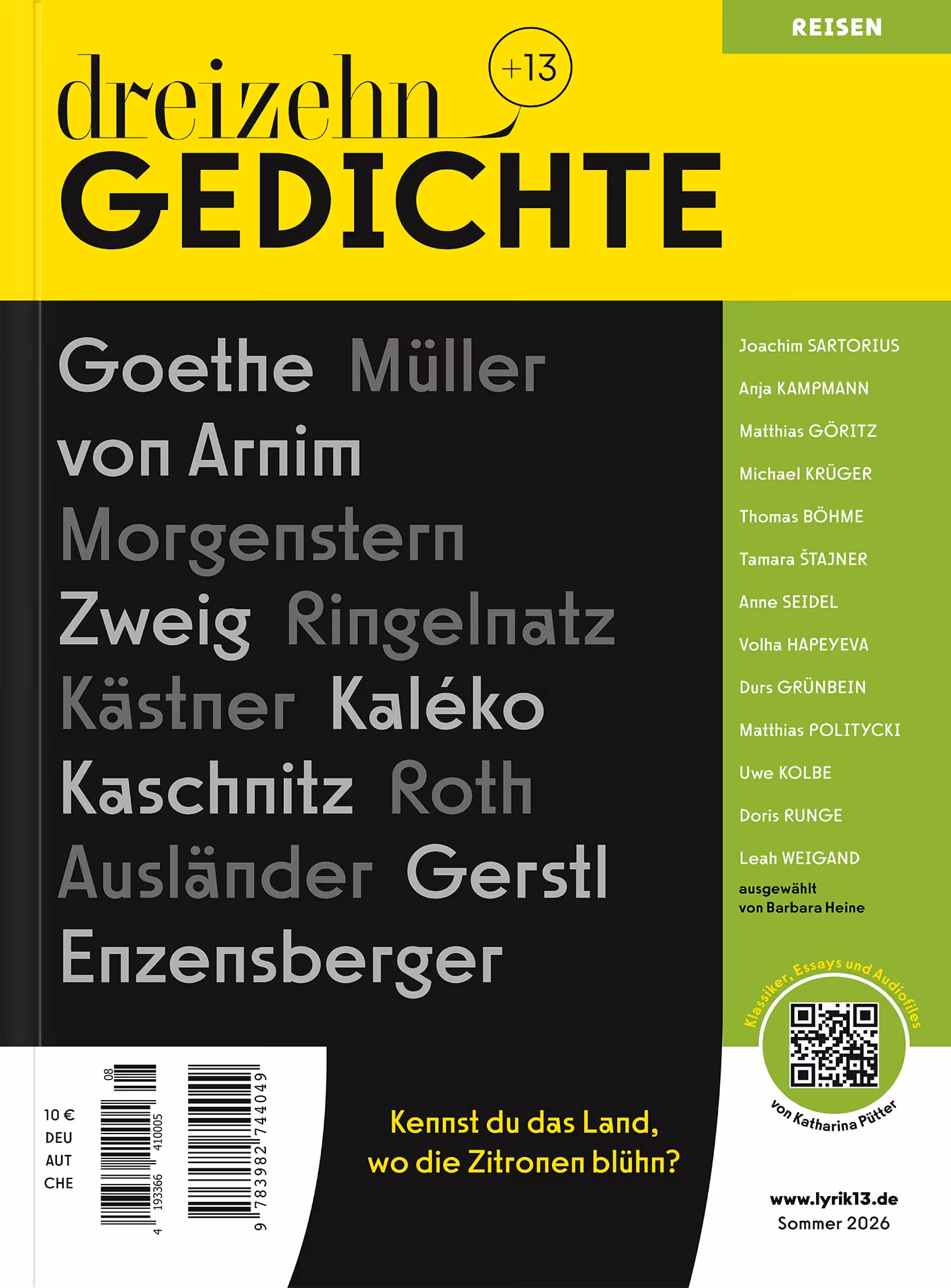 Buchcover mit dem Titel „dreizehn GEDICHTE“, auf dem die Namen deutscher Dichter und Herausgeber zu sehen sind; das Buch widmet sich Reise-Gedichten und besticht durch ein schwarz-gelbes Design mit einer grünen Seitenleiste, in der die Namen der Mitwirkenden aufgeführt sind.